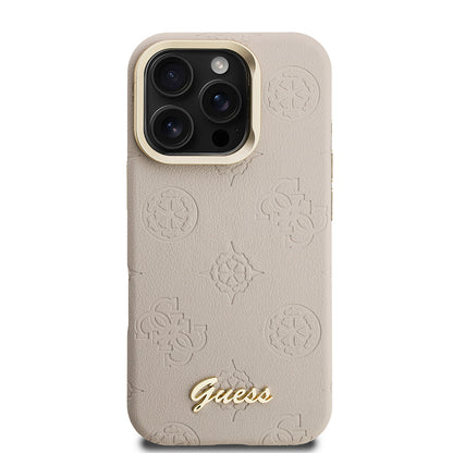 Apple iPhone 16 Pro Max Kılıf Guess Orjinal Lisanslı M-safe Şarj Özellikli Sıcak Baskılı Yazı Logolu Kamera Standlı PU Deri Peony Kapak
