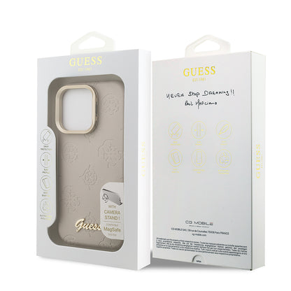 Apple iPhone 16 Pro Max Kılıf Guess Orjinal Lisanslı M-safe Şarj Özellikli Sıcak Baskılı Yazı Logolu Kamera Standlı PU Deri Peony Kapak