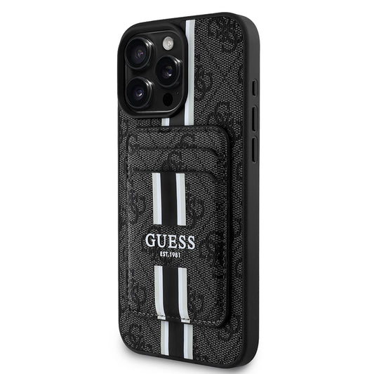 Apple iPhone 16 Pro Max Kılıf Guess Orjinal Lisanslı M-safe Şarj Özellikli 4G Desenli Çizgili Kartlıklı Kapak