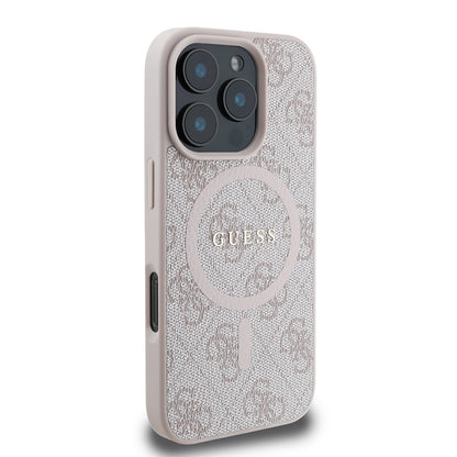 Apple iPhone 16 Pro Max Kılıf Guess Orjinal Lisanslı M-safe Şarj Özellikli PU Halkalı 4G Desenli Yazı Logolu Kapak