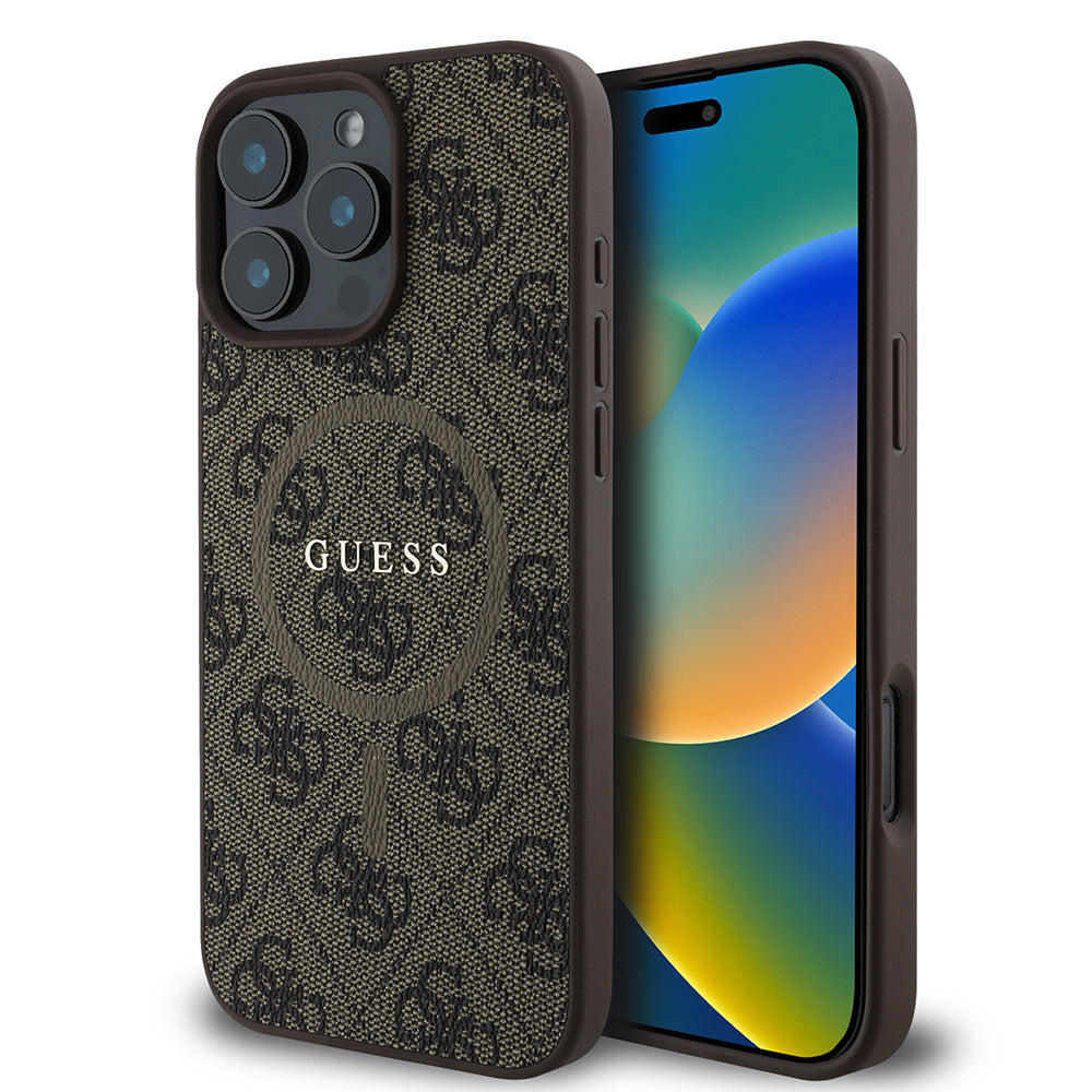 Apple iPhone 16 Pro Max Kılıf Guess Orjinal Lisanslı M-safe Şarj Özellikli PU Halkalı 4G Desenli Yazı Logolu Kapak
