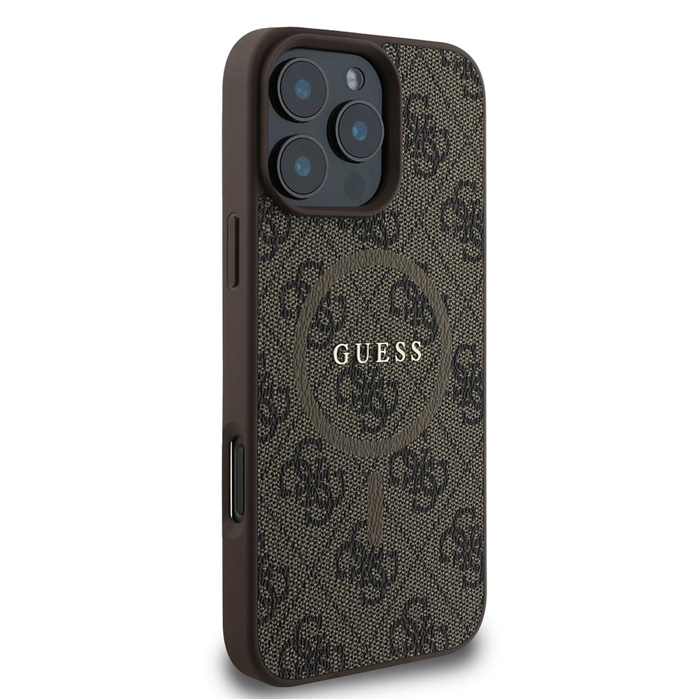 Apple iPhone 16 Pro Max Kılıf Guess Orjinal Lisanslı M-safe Şarj Özellikli PU Halkalı 4G Desenli Yazı Logolu Kapak