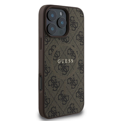 Apple iPhone 16 Pro Max Kılıf Guess Orjinal Lisanslı M-safe Şarj Özellikli PU Halkalı 4G Desenli Yazı Logolu Kapak