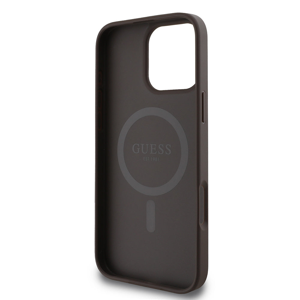 Apple iPhone 16 Pro Max Kılıf Guess Orjinal Lisanslı M-safe Şarj Özellikli PU Halkalı 4G Desenli Yazı Logolu Kapak