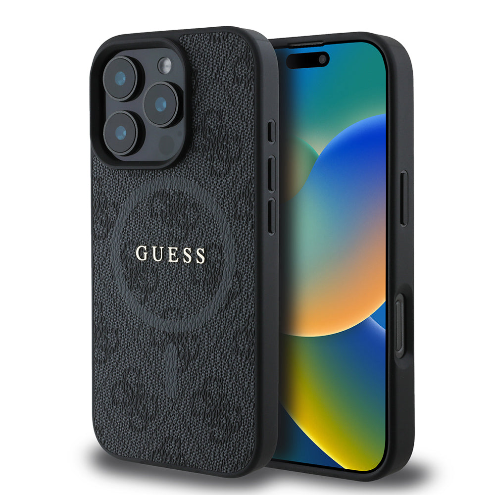 Apple iPhone 16 Pro Max Kılıf Guess Orjinal Lisanslı M-safe Şarj Özellikli PU Halkalı 4G Desenli Yazı Logolu Kapak
