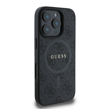 Apple iPhone 16 Pro Max Kılıf Guess Orjinal Lisanslı M-safe Şarj Özellikli PU Halkalı 4G Desenli Yazı Logolu Kapak