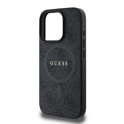 Apple iPhone 16 Pro Max Kılıf Guess Orjinal Lisanslı M-safe Şarj Özellikli PU Halkalı 4G Desenli Yazı Logolu Kapak
