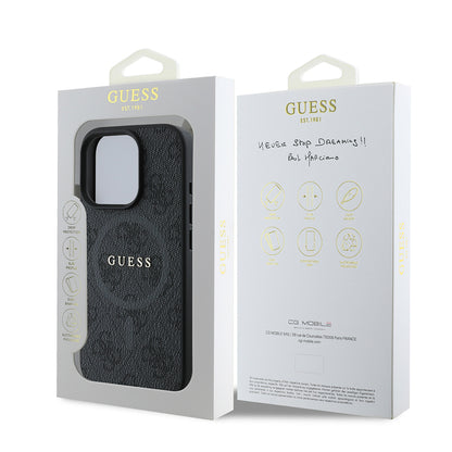 Apple iPhone 16 Pro Max Kılıf Guess Orjinal Lisanslı M-safe Şarj Özellikli PU Halkalı 4G Desenli Yazı Logolu Kapak