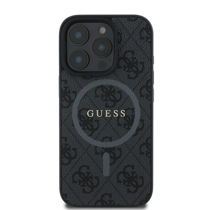 Apple iPhone 16 Pro Max Kılıf Guess Orjinal Lisanslı M-safe Şarj Özellikli PU Halkalı 4G Desenli Yazı Logolu Kapak