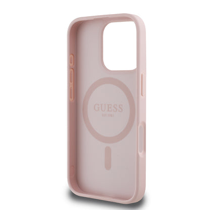 Apple iPhone 16 Pro Max Kılıf Guess Orjinal Lisanslı M-safe Şarj Özellikli Sıcak Baskılı Üçgen Logolu PU Deri Peony Kapak