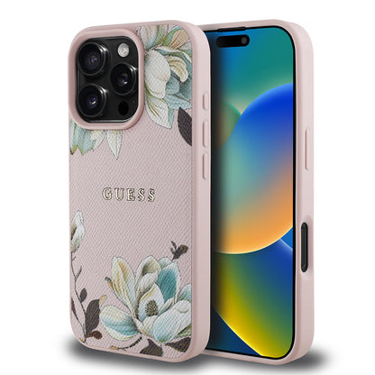 Apple iPhone 16 Pro Max Kılıf Guess Orjinal Lisanslı M-safe Şarj Özellikli Taneli Çiçek Tasarımlı Metal Yazı Logolu Kapak