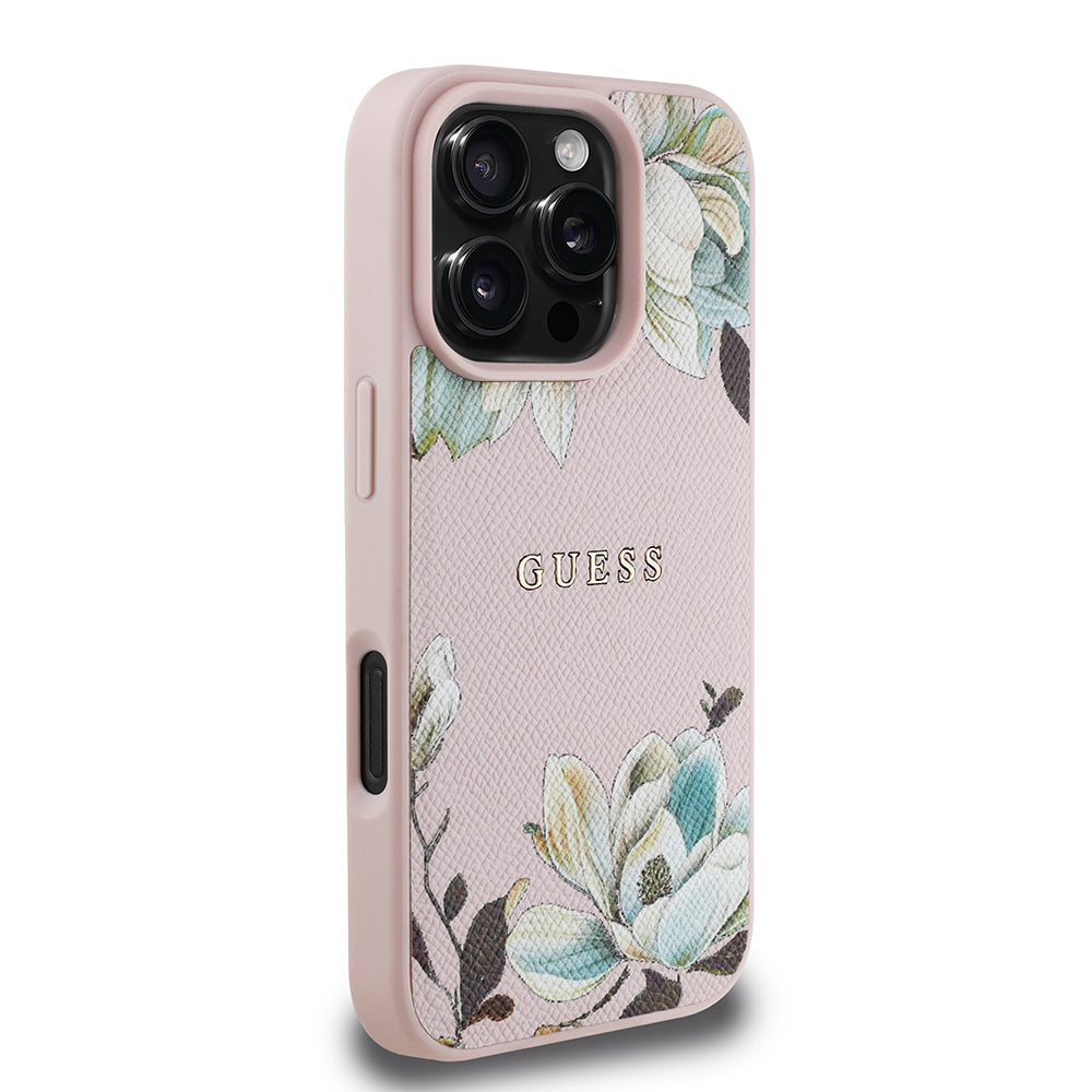 Apple iPhone 16 Pro Max Kılıf Guess Orjinal Lisanslı M-safe Şarj Özellikli Taneli Çiçek Tasarımlı Metal Yazı Logolu Kapak