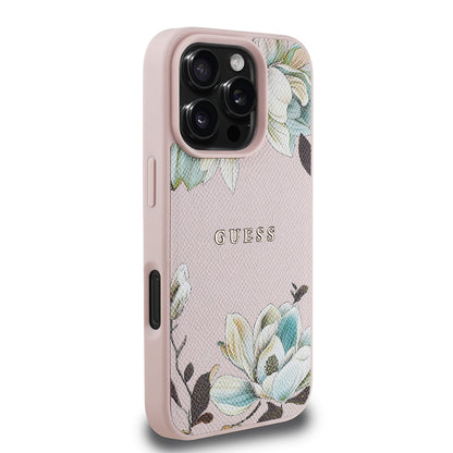 Apple iPhone 16 Pro Max Kılıf Guess Orjinal Lisanslı M-safe Şarj Özellikli Taneli Çiçek Tasarımlı Metal Yazı Logolu Kapak