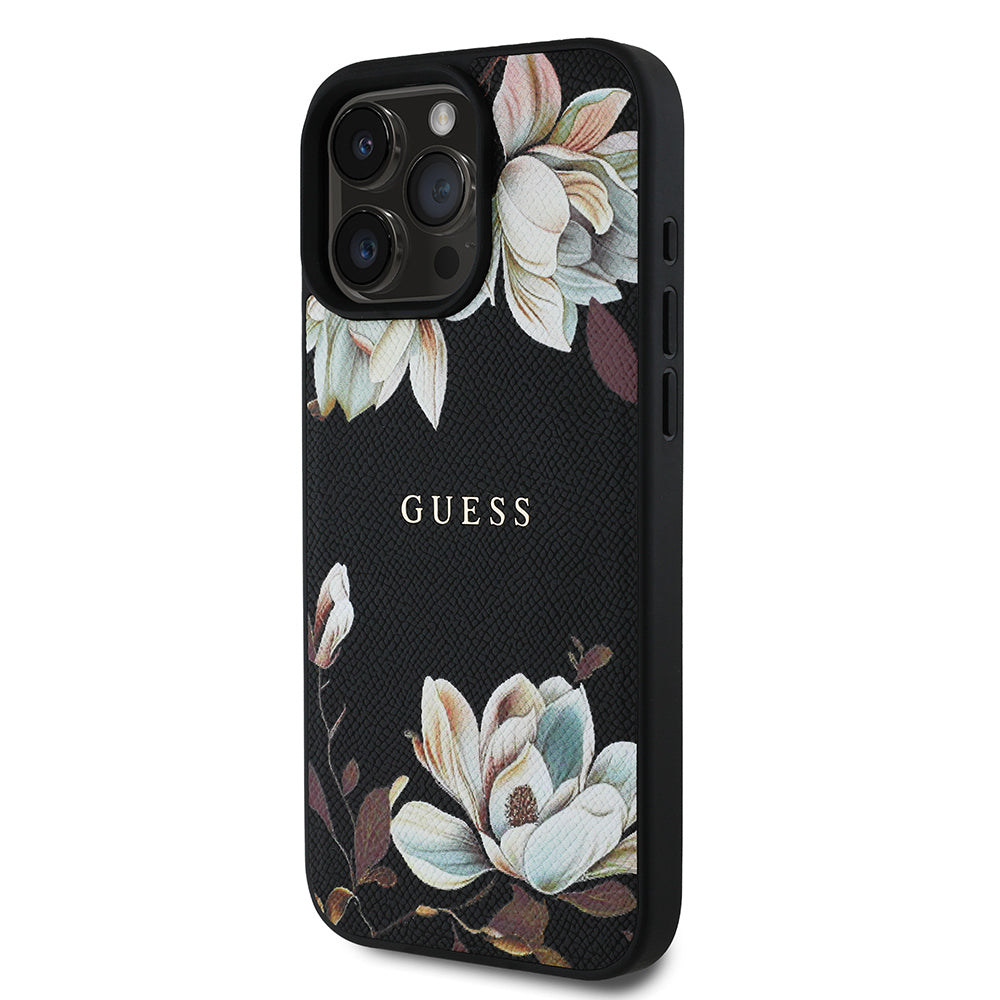Apple iPhone 16 Pro Max Kılıf Guess Orjinal Lisanslı M-safe Şarj Özellikli Taneli Çiçek Tasarımlı Metal Yazı Logolu Kapak