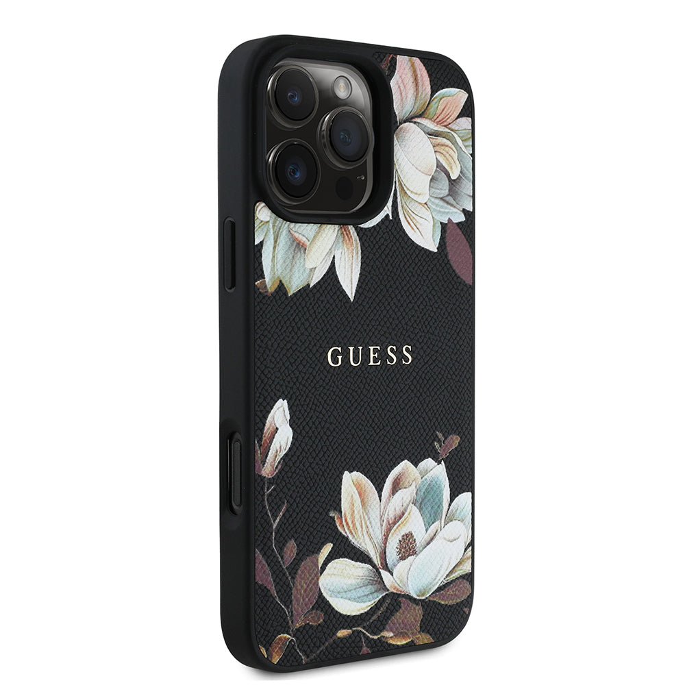 Apple iPhone 16 Pro Max Kılıf Guess Orjinal Lisanslı M-safe Şarj Özellikli Taneli Çiçek Tasarımlı Metal Yazı Logolu Kapak