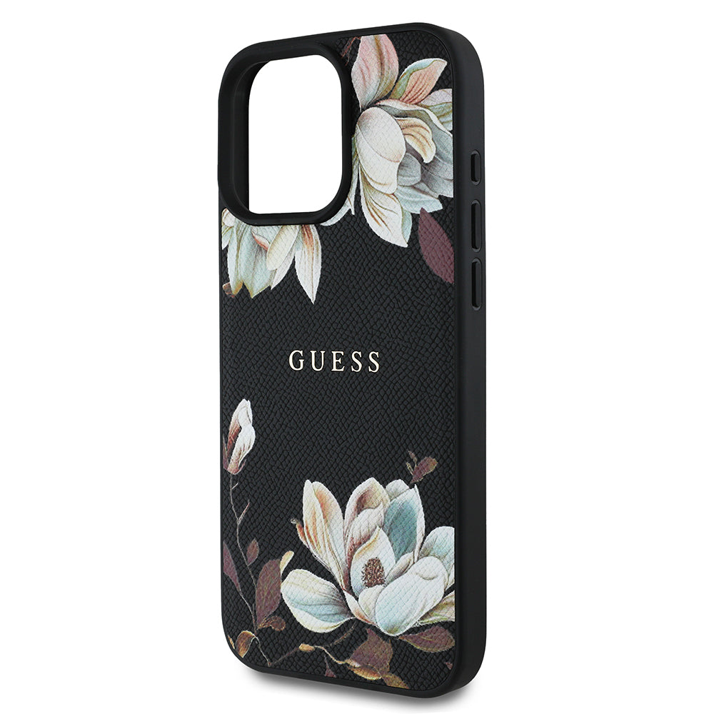 Apple iPhone 16 Pro Max Kılıf Guess Orjinal Lisanslı M-safe Şarj Özellikli Taneli Çiçek Tasarımlı Metal Yazı Logolu Kapak