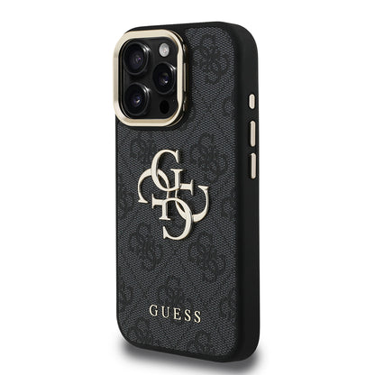 Apple iPhone 16 Pro Max Kılıf Guess Orjinal Lisanslı PU Deri 4G Desenli Metal Büyük 4G ve Yazı Logolu Kamera Standlı Kapak