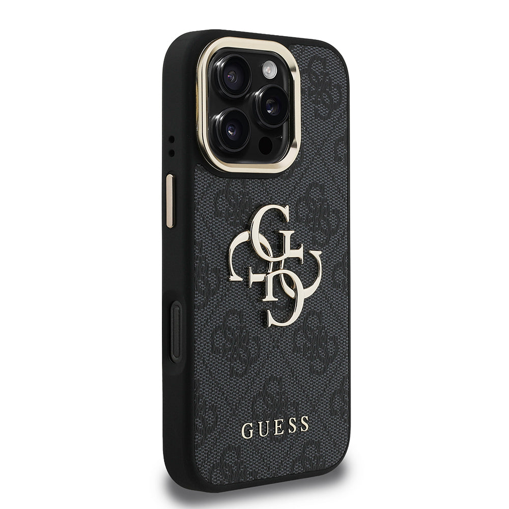 Apple iPhone 16 Pro Max Kılıf Guess Orjinal Lisanslı PU Deri 4G Desenli Metal Büyük 4G ve Yazı Logolu Kamera Standlı Kapak