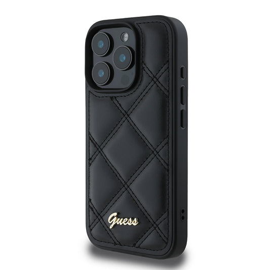 Apple iPhone 16 Pro Max Kılıf Guess Orjinal Lisanslı PU Deri Metal Yazı Logolu Kapitone Kapak