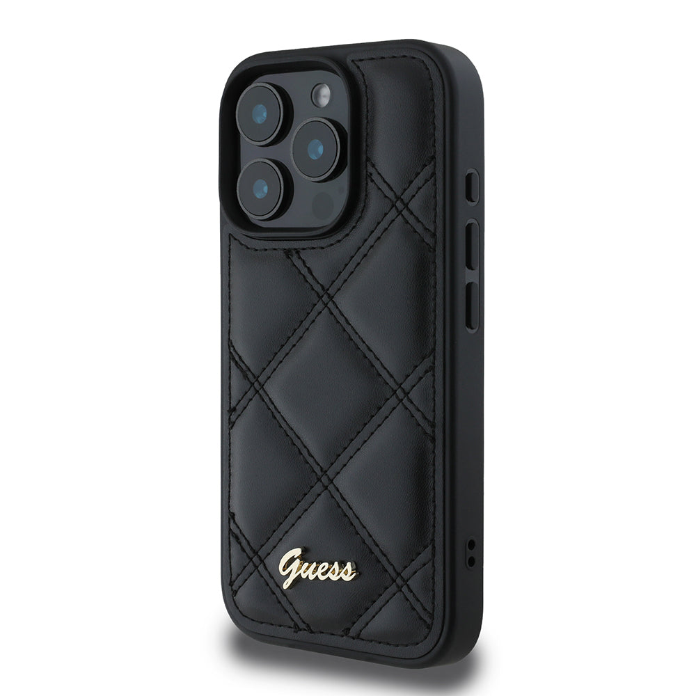 Apple iPhone 16 Pro Max Kılıf Guess Orjinal Lisanslı PU Deri Metal Yazı Logolu Kapitone Kapak