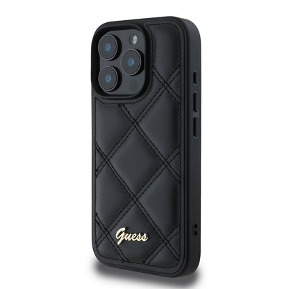 Apple iPhone 16 Pro Max Kılıf Guess Orjinal Lisanslı PU Deri Metal Yazı Logolu Kapitone Kapak