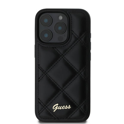 Apple iPhone 16 Pro Max Kılıf Guess Orjinal Lisanslı PU Deri Metal Yazı Logolu Kapitone Kapak