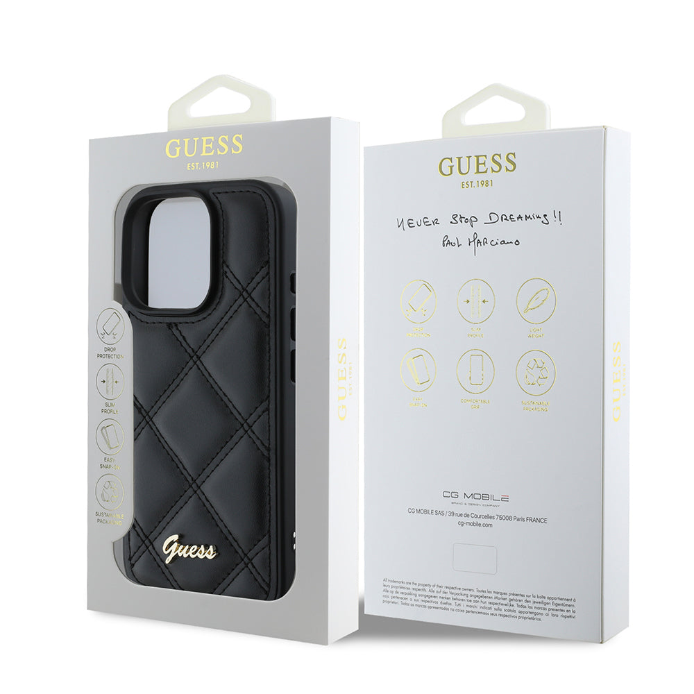 Apple iPhone 16 Pro Max Kılıf Guess Orjinal Lisanslı PU Deri Metal Yazı Logolu Kapitone Kapak
