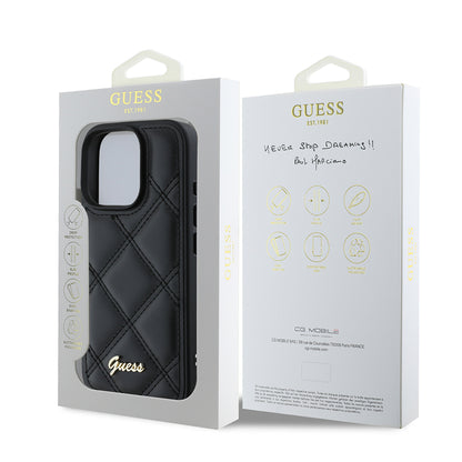 Apple iPhone 16 Pro Max Kılıf Guess Orjinal Lisanslı PU Deri Metal Yazı Logolu Kapitone Kapak