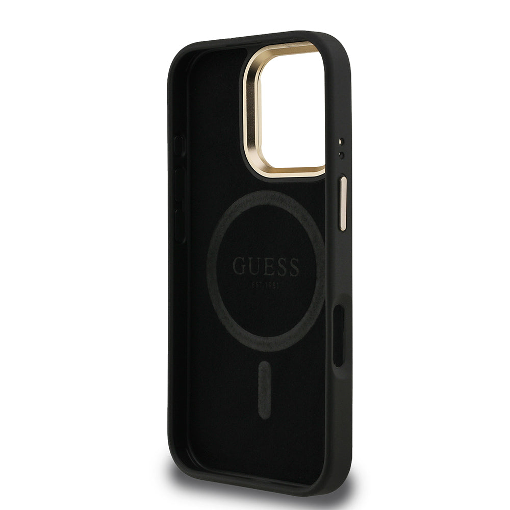 Apple iPhone 16 Pro Max Kılıf Guess Orjinal Lisanslı PU Deri Taşlı Üçgen Logo 4G Desenli Kamera Standlı Kapak