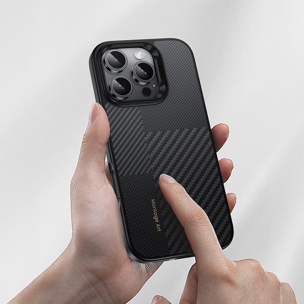 Apple iPhone 16 Pro Max Kılıf Karbon Fiber M-safe Şarj Özellikli Kamera Kontrol Butonlu Benks Hybrid ArmorPro Montage Kevlar Kapak