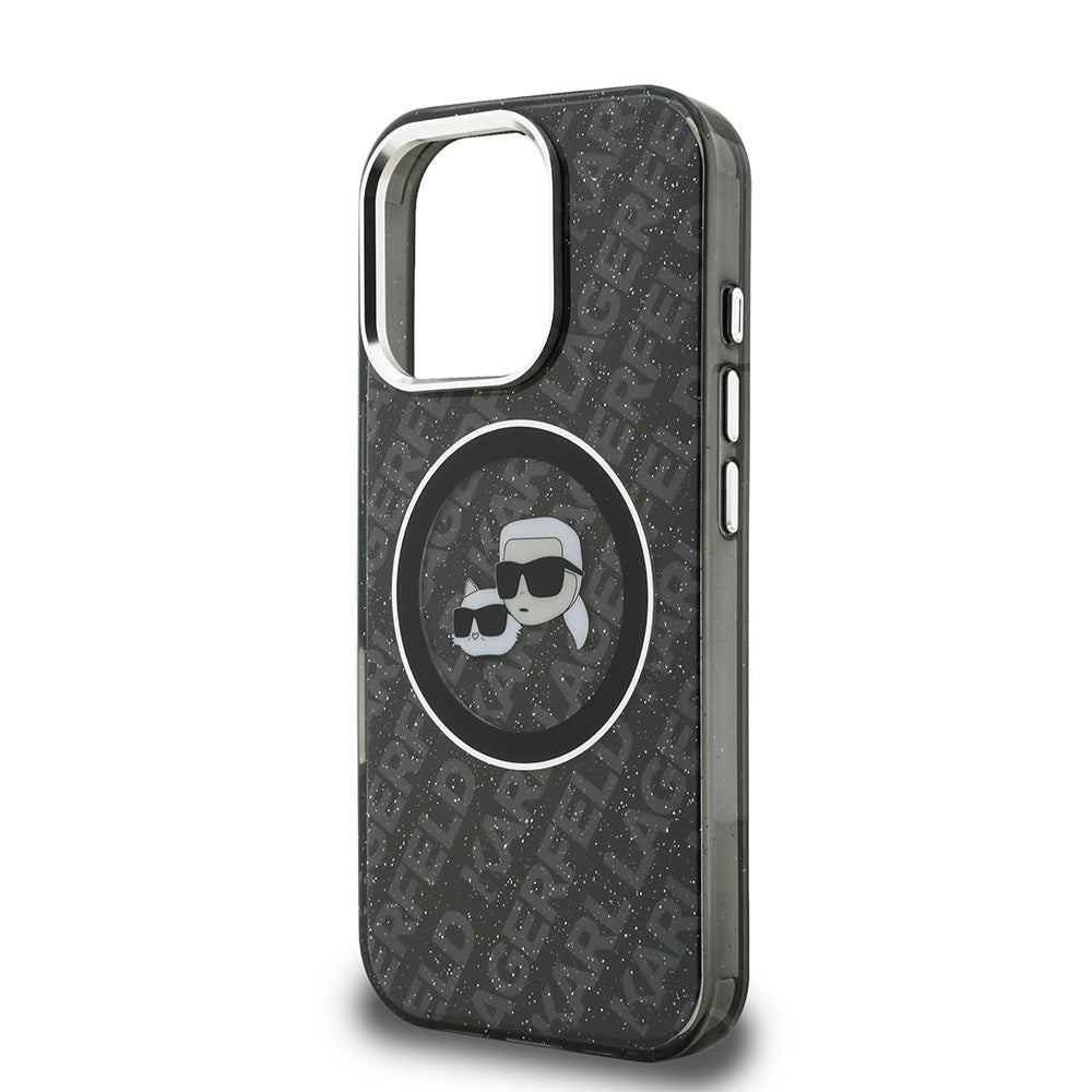 Apple iPhone 16 Pro Max Kılıf Karl Lagerfeld Orjinal Lisanslı Parlayan Simli Karl & Choupette Heads Kapak