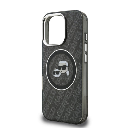 Apple iPhone 16 Pro Max Kılıf Karl Lagerfeld Orjinal Lisanslı Parlayan Simli Karl & Choupette Heads Kapak