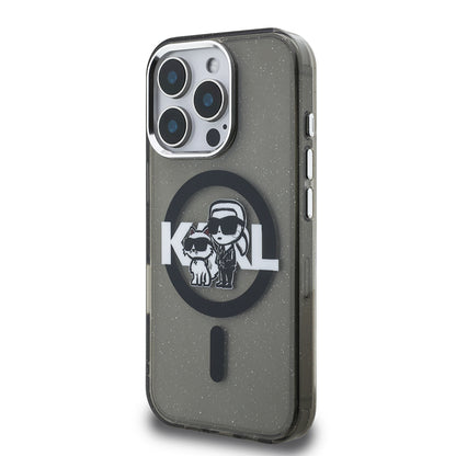 Apple iPhone 16 Pro Max Kılıf Karl Lagerfeld Orjinal Lisanslı Parlayan Simli Karl & Choupette Sketch Logo Kapak