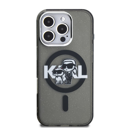Apple iPhone 16 Pro Max Kılıf Karl Lagerfeld Orjinal Lisanslı Parlayan Simli Karl & Choupette Sketch Logo Kapak
