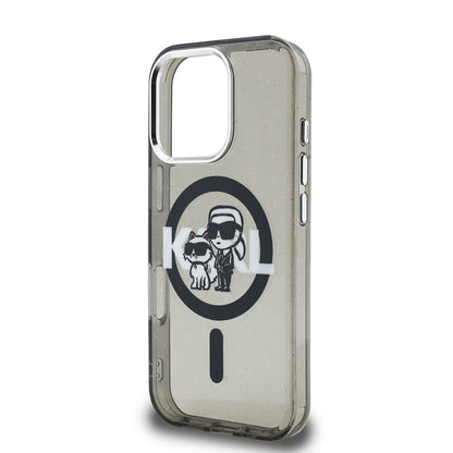 Apple iPhone 16 Pro Max Kılıf Karl Lagerfeld Orjinal Lisanslı Parlayan Simli Karl & Choupette Sketch Logo Kapak