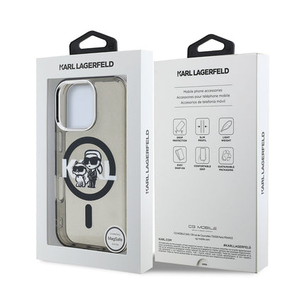 Apple iPhone 16 Pro Max Kılıf Karl Lagerfeld Orjinal Lisanslı Parlayan Simli Karl & Choupette Sketch Logo Kapak
