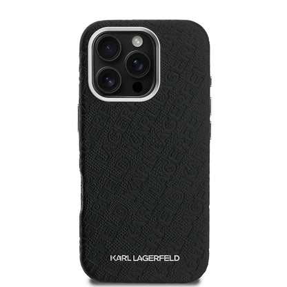 Apple iPhone 16 Pro Max Kılıf Karl Lagerfeld Orjinal Lisanslı PU Deri Damgalı Metal Yazı Logolu Kapak