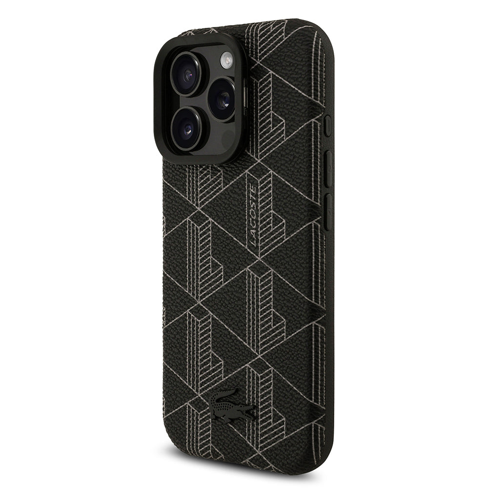 Apple iPhone 16 Pro Max Kılıf Lacoste Orjinal Lisanslı M-safe Şarj Özellikli Standlı PU Deri Karışık Monogram Desenli Kapak