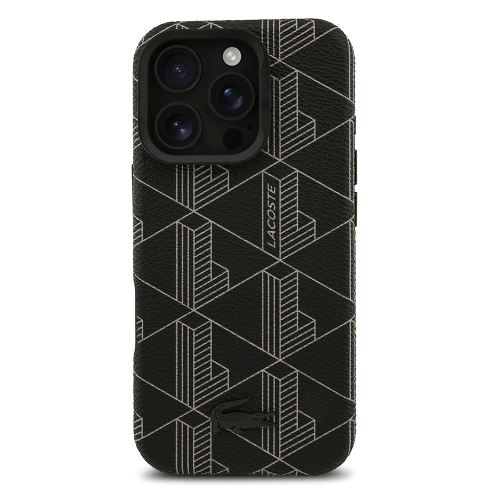 Apple iPhone 16 Pro Max Kılıf Lacoste Orjinal Lisanslı M-safe Şarj Özellikli Standlı PU Deri Karışık Monogram Desenli Kapak