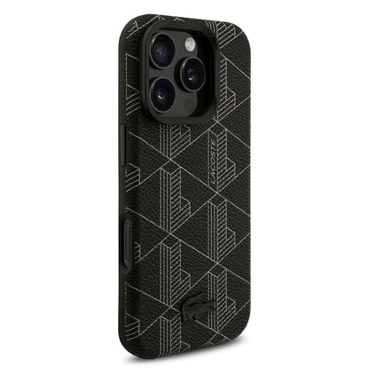 Apple iPhone 16 Pro Max Kılıf Lacoste Orjinal Lisanslı M-safe Şarj Özellikli Standlı PU Deri Karışık Monogram Desenli Kapak