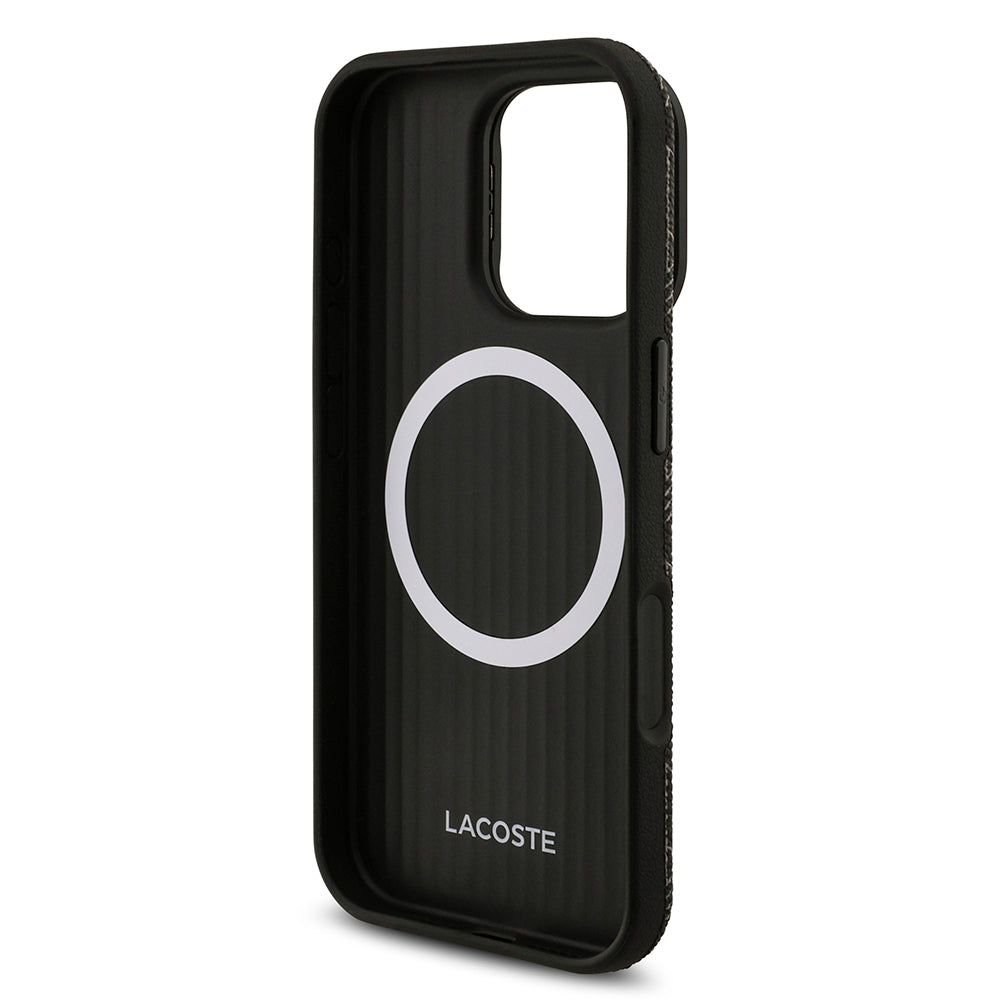 Apple iPhone 16 Pro Max Kılıf Lacoste Orjinal Lisanslı M-safe Şarj Özellikli Standlı PU Deri Karışık Monogram Desenli Kapak