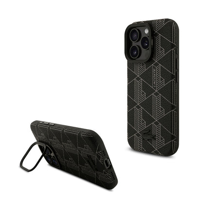 Apple iPhone 16 Pro Max Kılıf Lacoste Orjinal Lisanslı M-safe Şarj Özellikli Standlı PU Deri Karışık Monogram Desenli Kapak