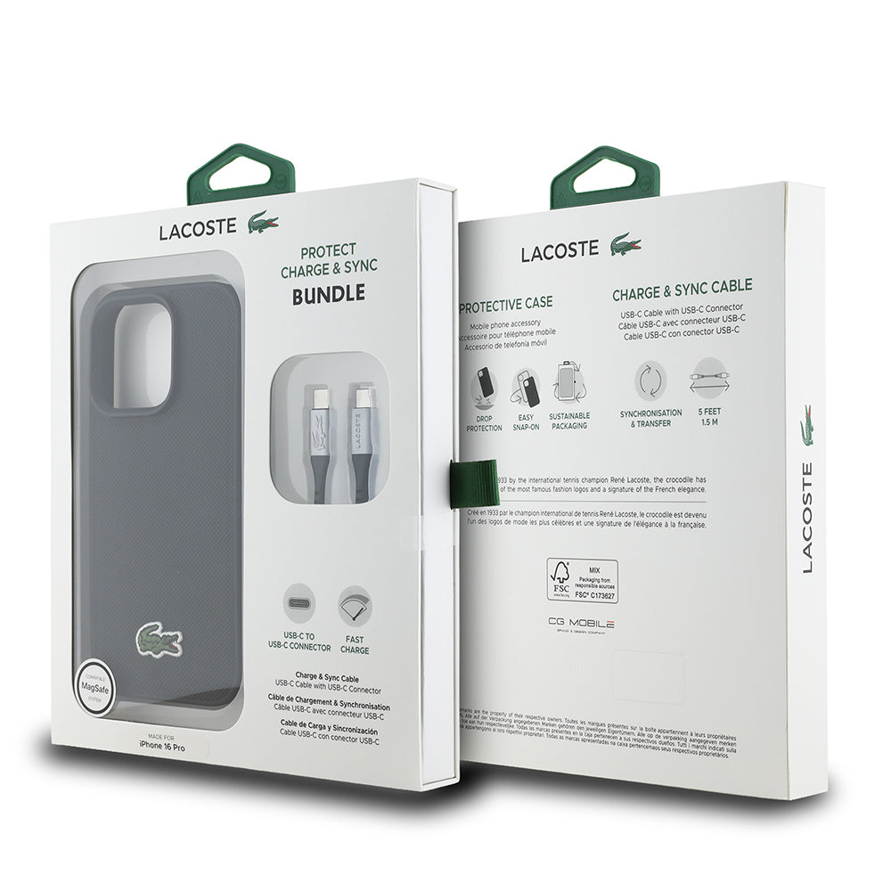 Apple iPhone 16 Pro Max Kılıf Lacoste Orjinal Lisanslı PU Pike Desenli Arka Yüzey İkonik Timsah Dokuma Logolu Kapak + Type-C Kablo 1.5m