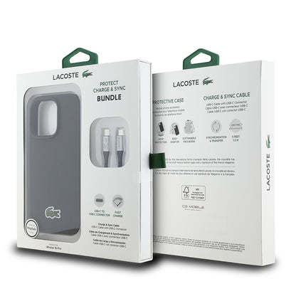 Apple iPhone 16 Pro Max Kılıf Lacoste Orjinal Lisanslı PU Pike Desenli Arka Yüzey İkonik Timsah Dokuma Logolu Kapak + Type-C Kablo 1.5m