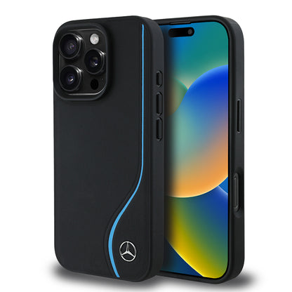 Apple iPhone 16 Pro Max Kılıf Mercedes Benz Orjinal Lisanslı M-safe Şarj Özellikli 3D Metal Logolu Mavi Dikey Eğri Çizgili Deri Kapak