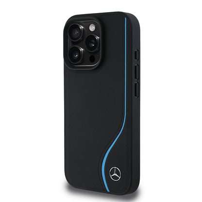 Apple iPhone 16 Pro Max Kılıf Mercedes Benz Orjinal Lisanslı M-safe Şarj Özellikli 3D Metal Logolu Mavi Dikey Eğri Çizgili Deri Kapak