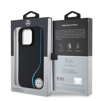 Apple iPhone 16 Pro Max Kılıf Mercedes Benz Orjinal Lisanslı M-safe Şarj Özellikli 3D Metal Logolu Mavi Dikey Eğri Çizgili Deri Kapak