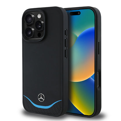 Apple iPhone 16 Pro Max Kılıf Mercedes Benz Orjinal Lisanslı M-safe Şarj Özellikli 3D Metal Logolu Mavi Yatay Eğri Çizgili Deri Kapak