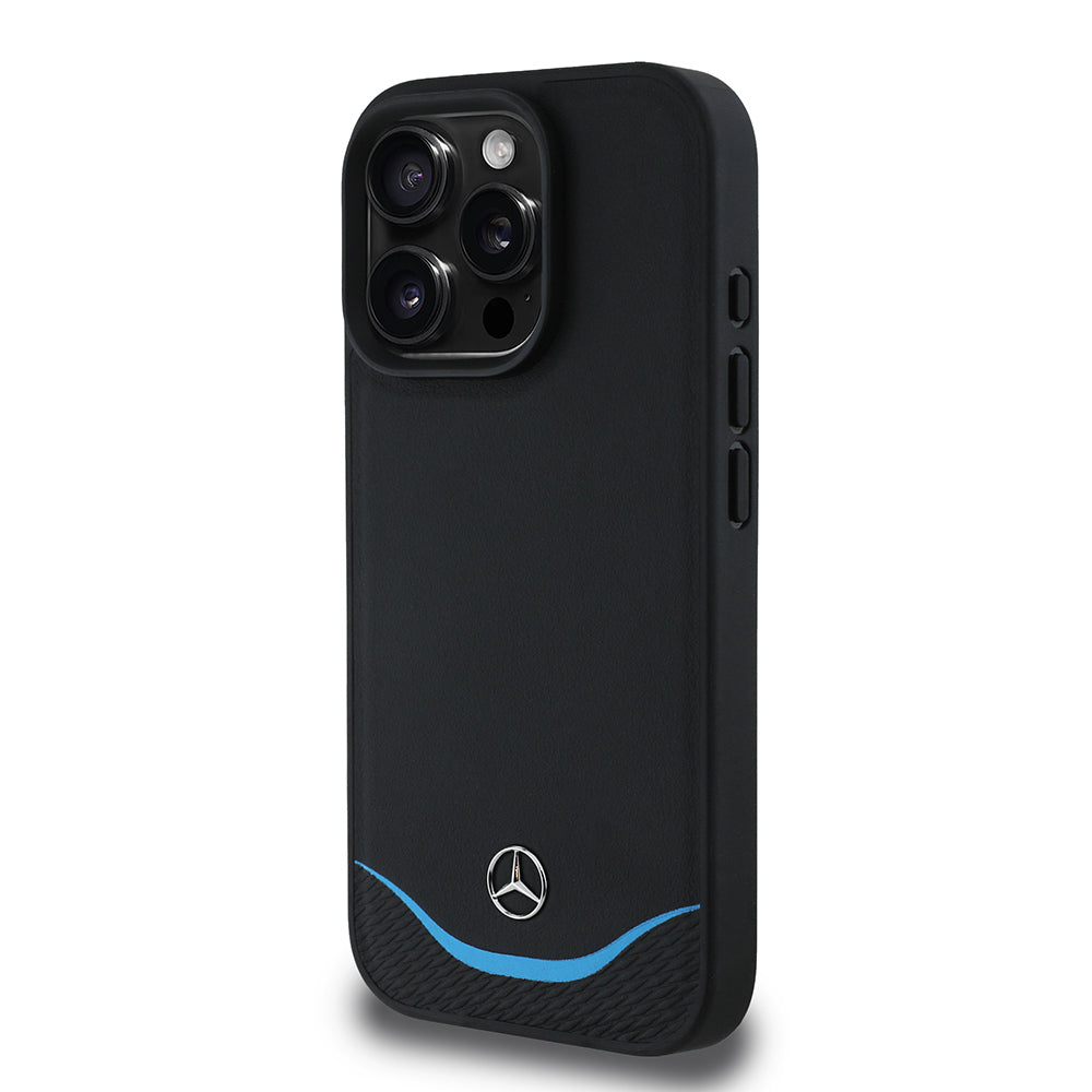 Apple iPhone 16 Pro Max Kılıf Mercedes Benz Orjinal Lisanslı M-safe Şarj Özellikli 3D Metal Logolu Mavi Yatay Eğri Çizgili Deri Kapak