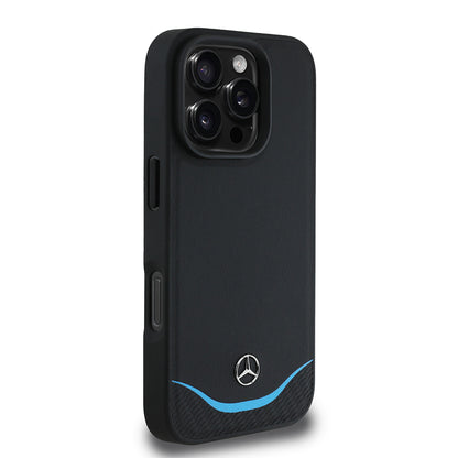 Apple iPhone 16 Pro Max Kılıf Mercedes Benz Orjinal Lisanslı M-safe Şarj Özellikli 3D Metal Logolu Mavi Yatay Eğri Çizgili Deri Kapak